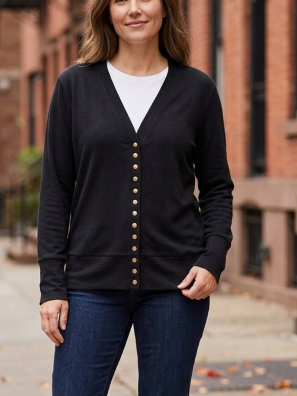 Nenona Black Snap Front V-Neck Cardigan Gold-Tone Snaps Lightweight Knit